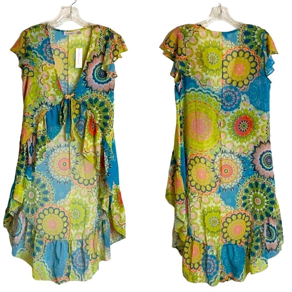 NWT- Sweet Pea NY & Co.-  Psychedelic Ruffle Hem Tie Front Kimono, Size Large